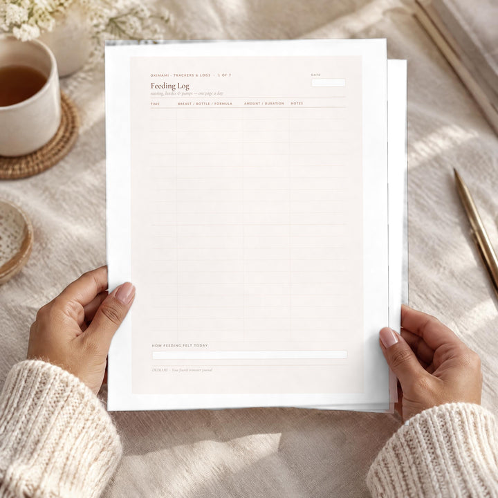 Combo Feeding Log, printed pages in hand